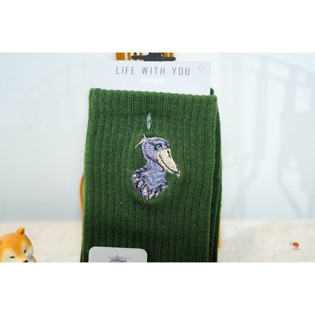 現貨｜日本 STREAM 鯨頭鸛 動物刺繡棉質中筒襪