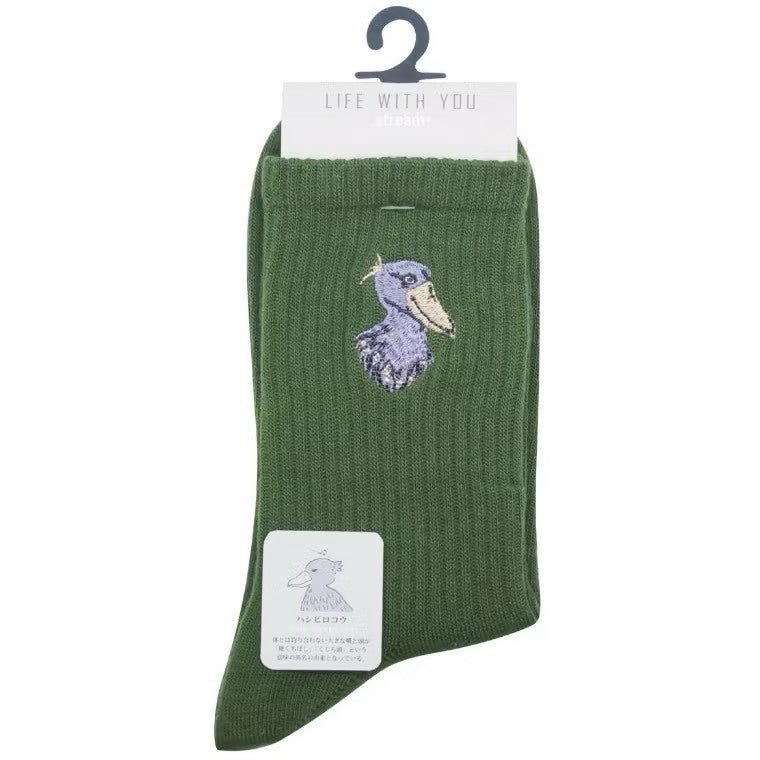 現貨｜日本 STREAM 鯨頭鸛 動物刺繡棉質中筒襪