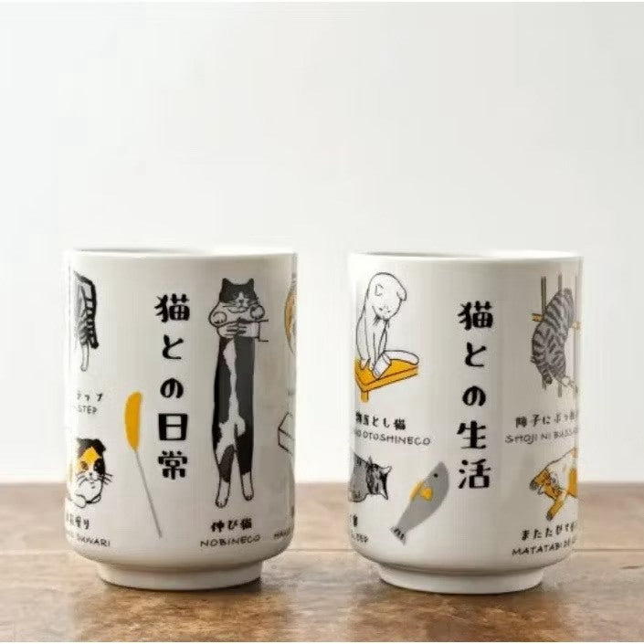 現貨 | 日本製 美濃燒 手繪風貓咪日常 壽司湯吞杯 茶杯