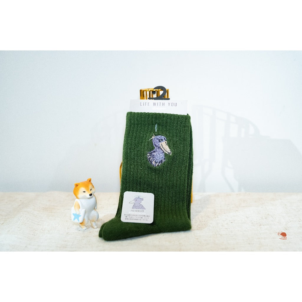 現貨｜日本 STREAM 鯨頭鸛 動物刺繡棉質中筒襪