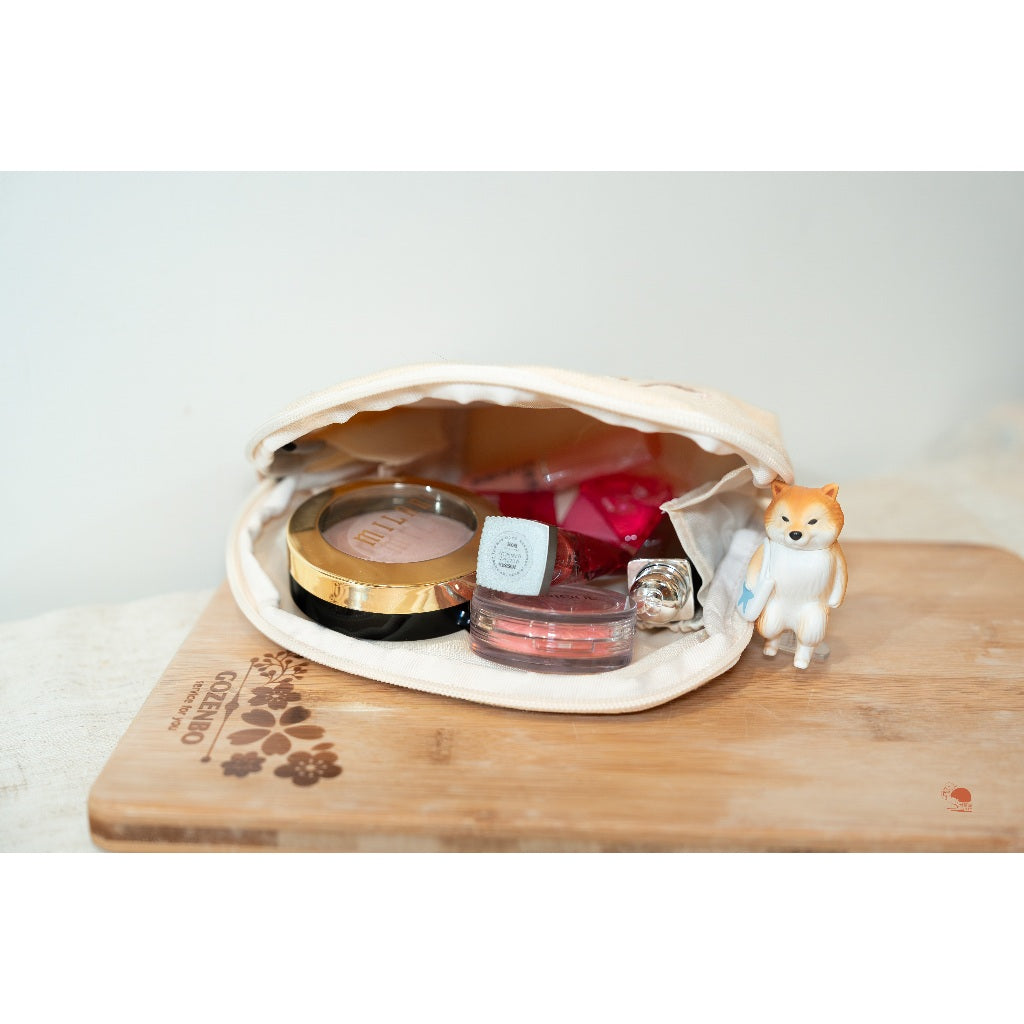 現貨 日本精選 慵懶貓咪 溫柔米色刺繡拉鍊 化妝包 收納包